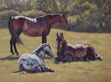 three horses in field pastel painting
