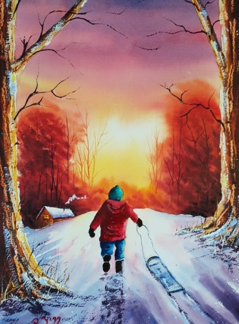Going Back Home - Original Watercolour by Ricky Figg - Afternoon sledging in the snow