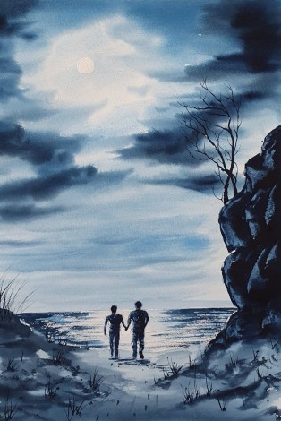 Original watercolour  by Ricky Figg - Coast in Moonlight - Evening walk on the beach in moonlight