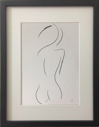 Confidant: original charcoal drawing of a female form done in a Matisse style.  The drawing is framed, ready for hanging.
