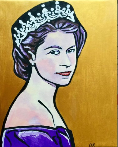 Young Queen Elizabeth II on golden background 