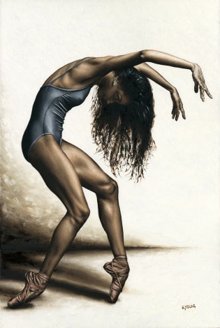 Fine art original oil painting of a beautiful ballerina dancer in a contemporary, dramatic, emotional composition