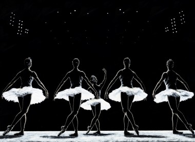 Fine art original oil painting of swan lave ballerinas on stage