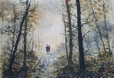 Deep in Bluebell Wood - Original Watercolour by Ricky Figg - Couple walking in the woods