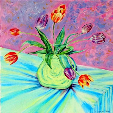 			garden flower art	floral design	pink flower painting	tulips in vase	Spring flower art	tulips still life	Tulip flowers	