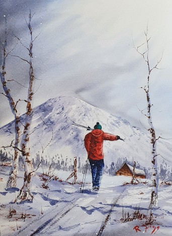 Back From A Day Skiing -  Original watercolour painted by Ricky Figg