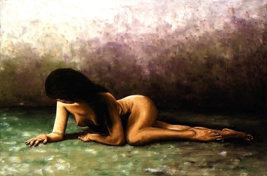 Fine art original oil painting of a naked nude female in a shy modest discrete composition