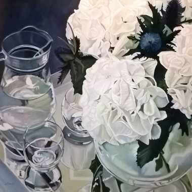 Glass Reflections with white Hydrangeas