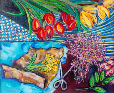 FLOWER ARRANGING FLAT LAY painting for sale