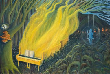 acrylic painting, forest, piano, surreal landscape, symbolic, yellow, green, girl on the swing, 