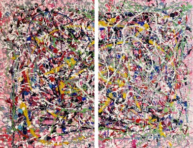 extra large pink, pollock style painting on 2 canvases
