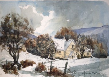 Farm cottage in the snow Watercolour by David Mather