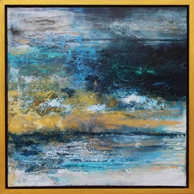 abstract seascape painting in blue and golds 