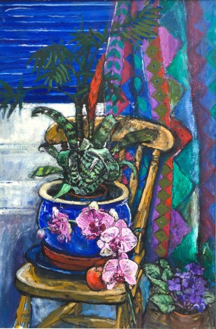 main view, Still life with Orchids and Harlequin pattern 