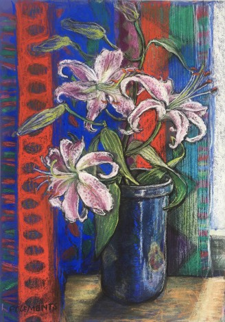 Still life with Lilies and Striped Curtain