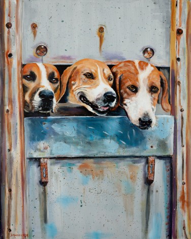 Happy Hunt Hounds Head Home painting for sale