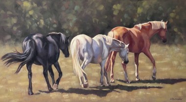 Ponies in field pastel painting