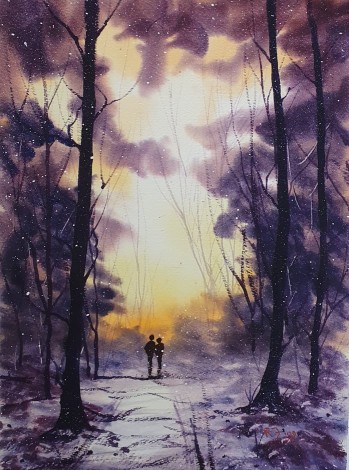 Home In The Snow - Original watercolour by Ricky Figg - Walking home in the snow