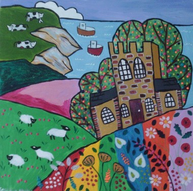 Colourful Naive seascape with Church