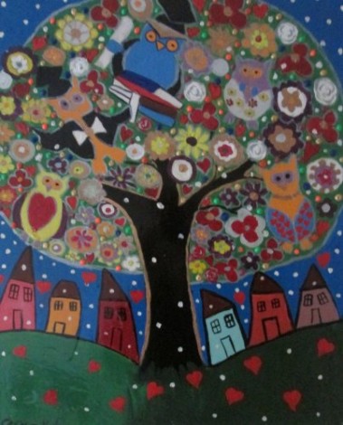 Snow and love falling from the Owl folk art Tree