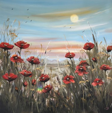 Red poppies under a full moon
