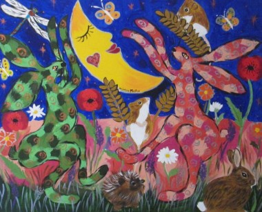 Hares dancing to the sleeping moon among the flowers