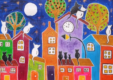 Cats Moon Gazing on Colourful Houses 2