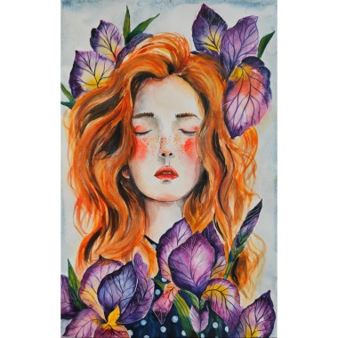 View in a Room Background Girl with Iris flowers