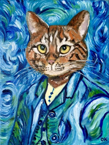 Cat Vincent Van Gogh  on blue #2 