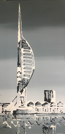 Spinnaker tower portrayed in black and white 