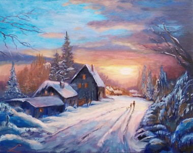 Winter village sunset