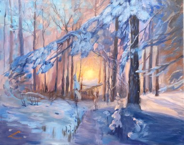 Winter forest sunset