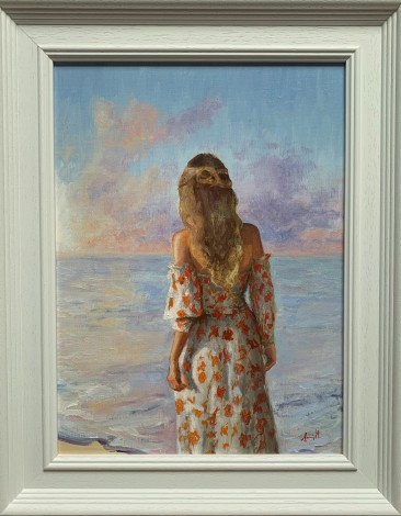 Framed woman beach sky sunset painting