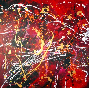 Bold bright red abstract painting, with gold, black, white and tangerine