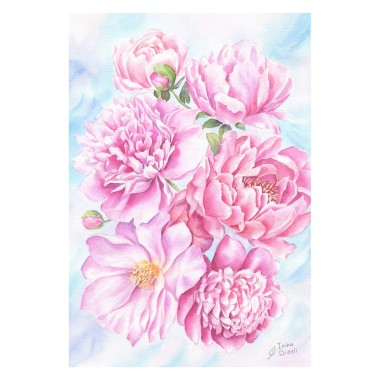 watercolor
painting
peony
peonies
pink
bouquet
leaves
flowers
floral
blooming
spring
composition
modern
botanical
realism
blue

