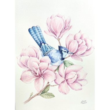 watercolor
painting
magnolia
bird
bird in a tree
blue bird
blue jay
flowers
floral
blooming
spring
composition
modern
botanical
realism
