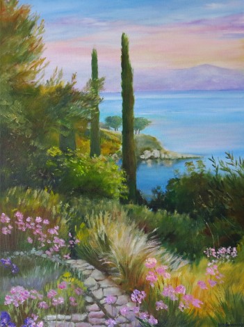 Canvas oil painting of Kassiopeia, Corfu by Maureen Greenwood