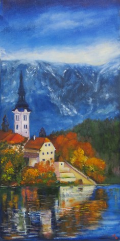 canvas oil painting of Lake Bled, Slovenia by Maureen Greenwood