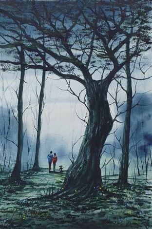 Late In The Woods - Original watercolour by Ricky Figg - Walking the dog in the woods