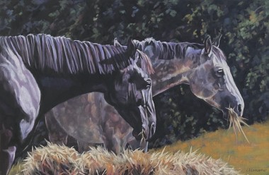 Black and Grey horses pastel painting