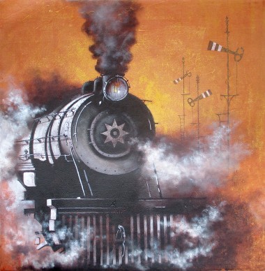 Indian steam locomotives acrylic painting on canvas by Indian contemporary artist Kishore Pratim Biswas