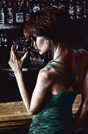 Fine art contemporary portrait of a lady drinking red wine at a cocktail bar