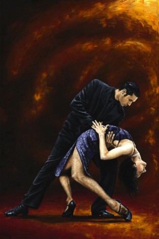 Fine art contemporary original oil panting of two elegant and deeply passionate tango dancers
