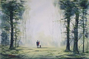 Lovely Day - Original Watercolour by Ricky Figg -  Walking the dog on a nice day