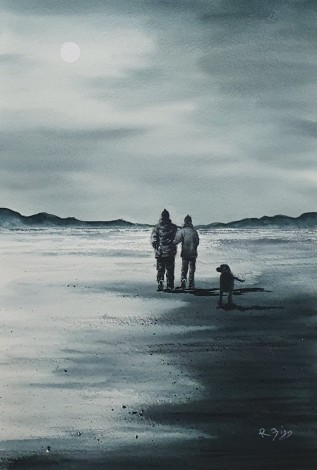 Low Tide - Original watercolour by Ricky Figg- walking the dog on the beach