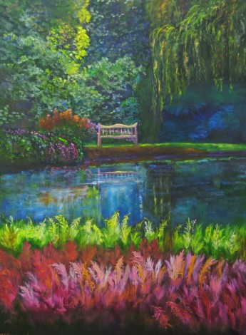 canvas oil painting of Marwood Hill Gardens by Maureen Greenwood