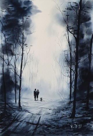 Walk In Moonlight - Original watercolour painted by Rick Figg - Walk in the woods with the dog