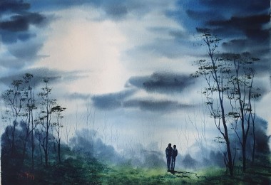 Original Watercolour by Ricky Figg - Moonlight Walkers - couple walking in the woods in moonlight