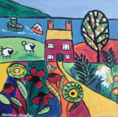 Naive Colourful Seascape With Bright Flowers