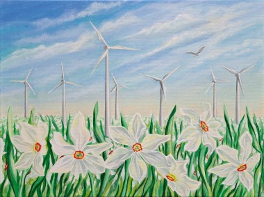 Nature's Duet: Daffodils and Turbines